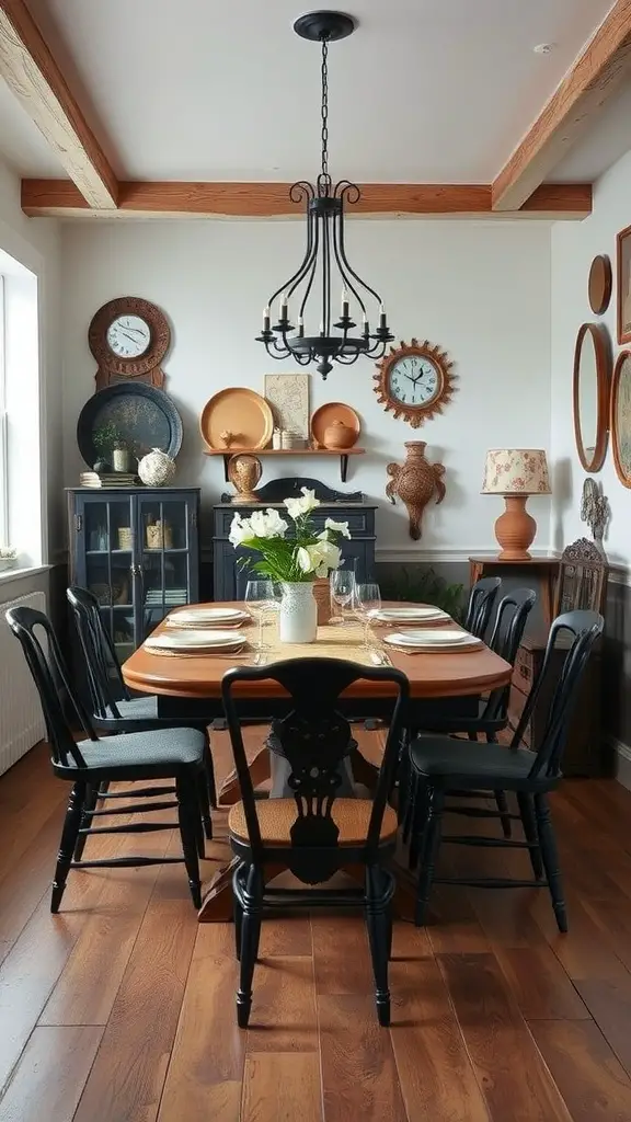 19 Stunning Modern Farmhouse Dining Room Ideas You’ll Love 14 A modern farmhouse dining room featuring a wooden table, black chairs, and vintage decor on the walls.