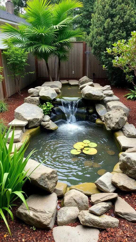 19 Modern Backyard Landscaping Ideas to Transform Your Outdoor Space 3 A serene backyard pond with rocks, water lilies, and lush greenery.