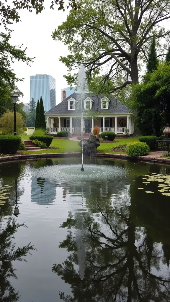 19 Stunning Landscaping Ideas for Your Home's Exterior 8 A serene pond with a fountain in front of a house, surrounded by trees and greenery.