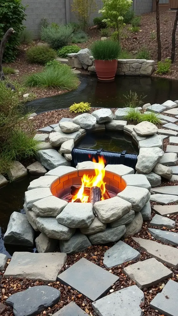 15 Stunning Fire Pit Landscaping Ideas for Your Outdoor Space 6 A fire pit surrounded by stones next to a flowing water feature in a landscaped garden.