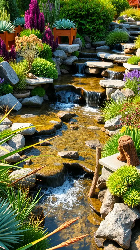 23 Stunning Alpine Garden Ideas for a Breathtaking Landscape 8 A picturesque alpine garden featuring a flowing stream with small waterfalls, surrounded by vibrant plants and rocks.