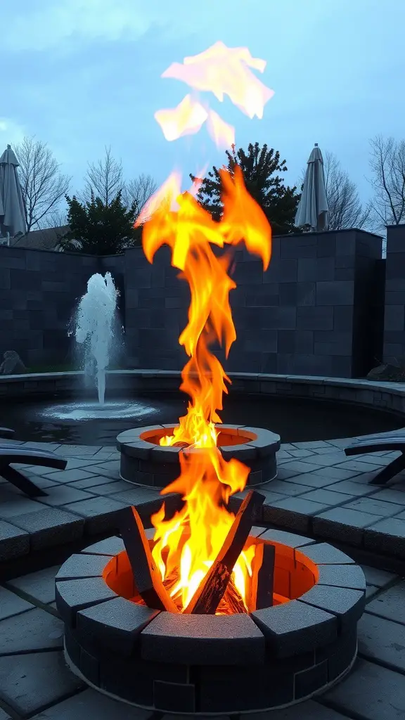 17 Stunning Outdoor Fire Pit Area Ideas for Cozy Gatherings 10 Fire pit with flames and a fountain in the background