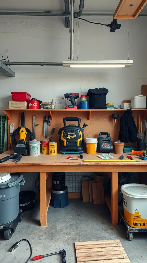 19 Essential Items for Perfect Garage Tool Organization 17 A well-organized garage workbench with various tools and storage containers.