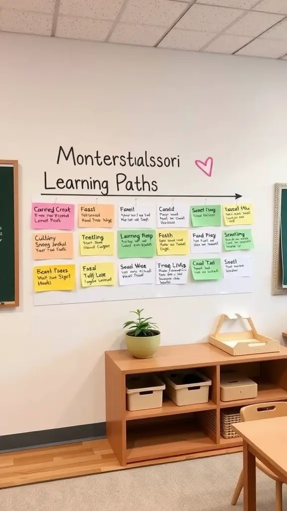 21 Inspiring Montessori Room Ideas for Creative Spaces 15 Colorful learning paths displayed on a wall in a Montessori classroom.