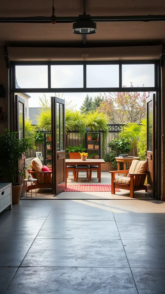 23 Stylish Garage Lounge Ideas You’ll Love 2 A spacious garage lounge with open doors leading to a garden area, featuring comfortable seating and greenery.