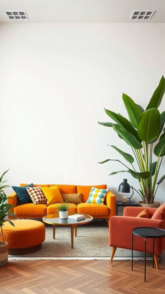 A cozy living room with bright orange furniture and a large indoor plant.