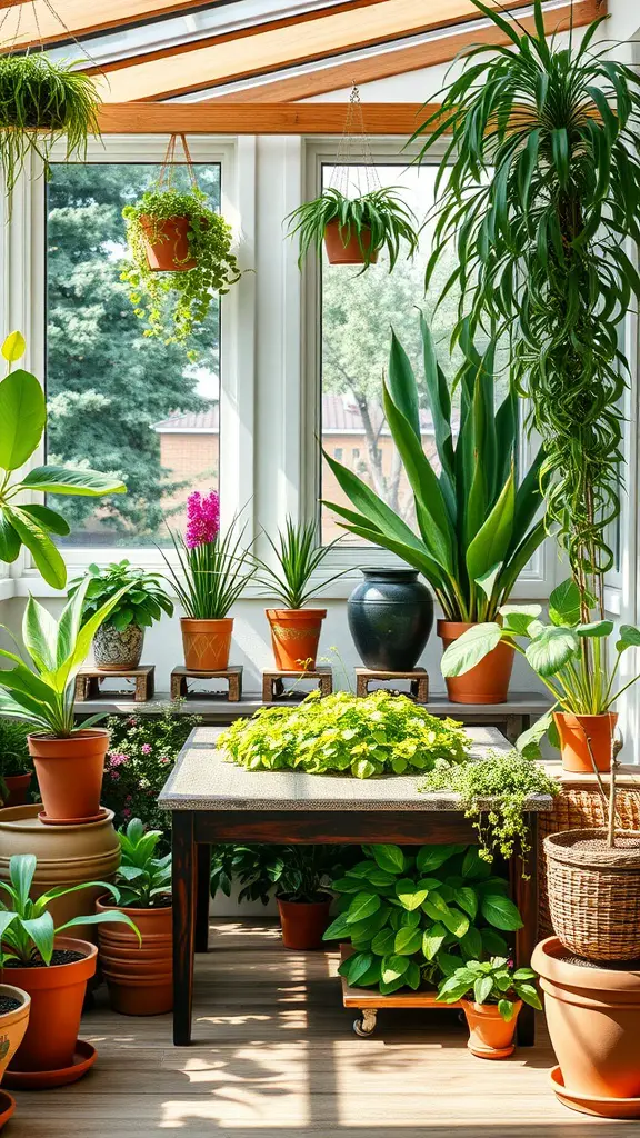 19 Stunning Indoor Sunroom Ideas You’ll Love 6 A sunroom filled with vibrant potted plants, featuring a mix of hanging and standing greenery, creating a lively indoor garden corner.