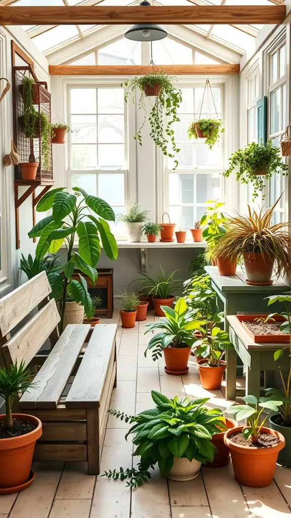 An indoor garden featuring rustic wooden benches and various potted plants in terracotta pots