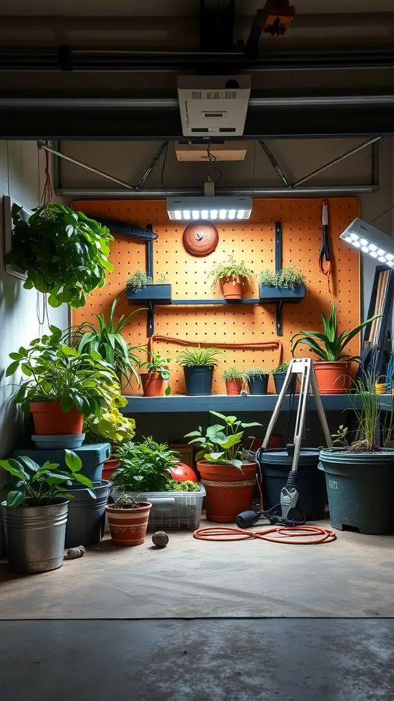 27 Creative Garage Hangout Ideas for Ultimate Chill Time 14 Indoor gardening setup with various plants and pots in a garage