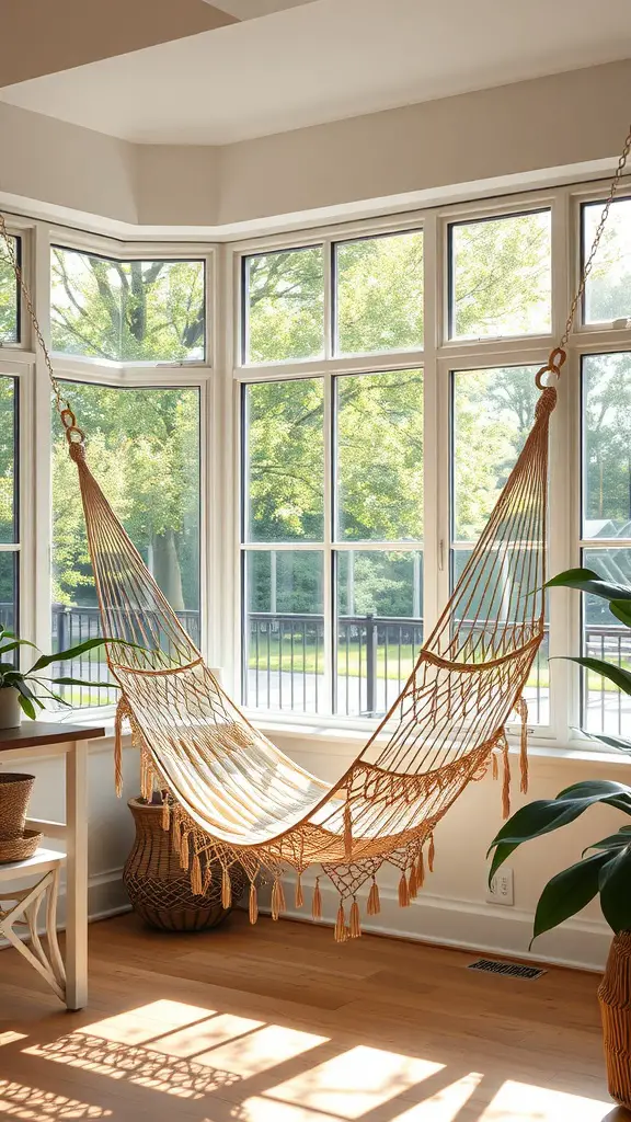 A cozy indoor hammock is hanging by large windows, surrounded by plants and sunlight.