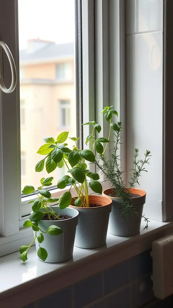 Three pots of herbs on a window sill: basil, rosemary, and another herb in gray planters.