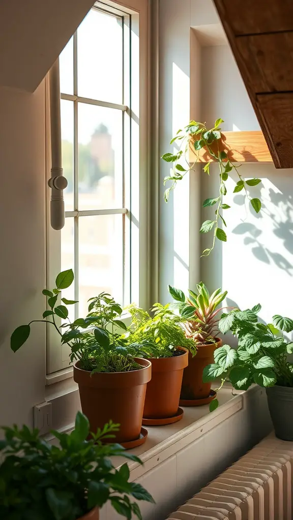 Indoor herb garden with various plants in terracotta pots by a window.
