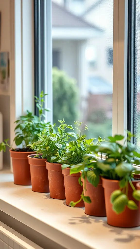 Indoor herb garden with pots of various herbs on a windowsill