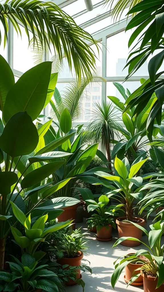 A vibrant indoor plant room with tall tropical plants and smaller ferns in terracotta pots, illuminated by natural light from a glass ceiling.