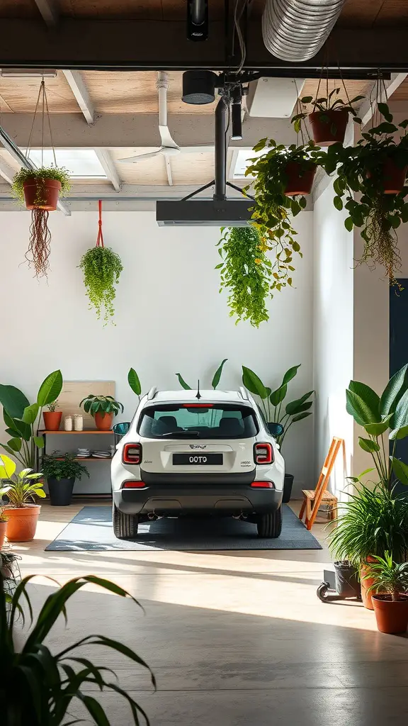 23 Stylish Garage Lounge Ideas You’ll Love 16 A stylish garage lounge with indoor plants hanging from the ceiling and potted plants around a parked car.