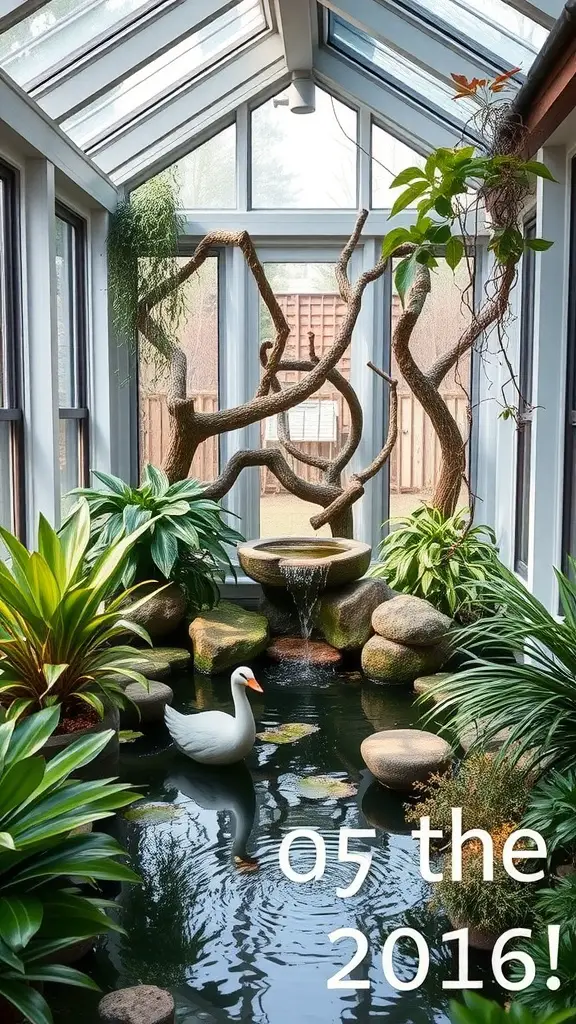 19 Stunning Indoor Sunroom Ideas You’ll Love 13 Indoor water feature with a small pond, fountain, and greenery in a sunroom