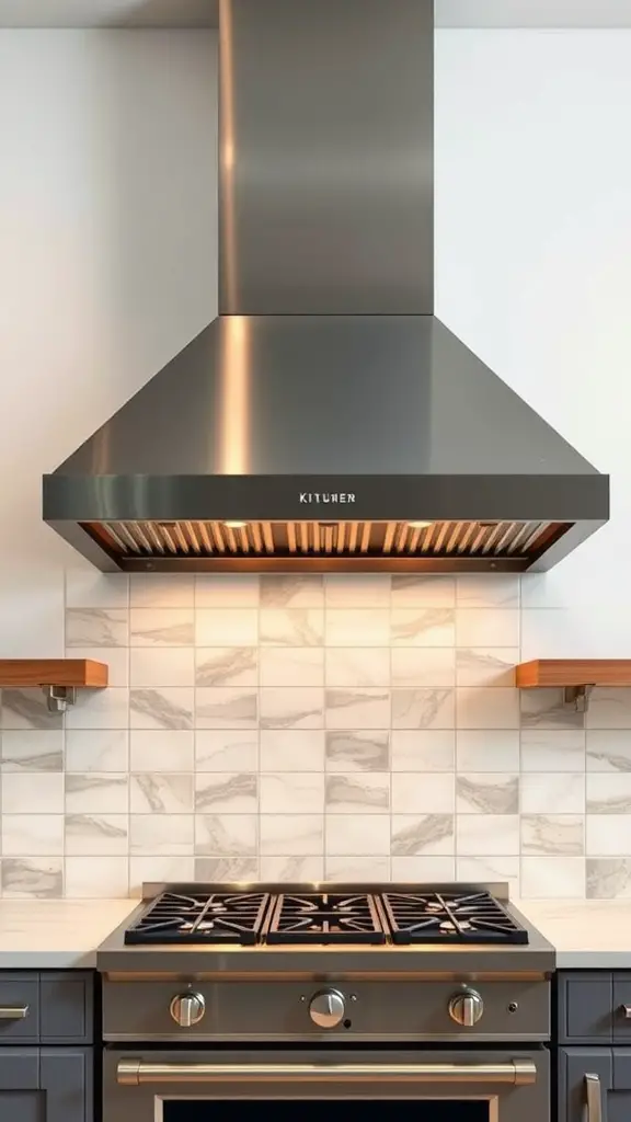 Stylish industrial kitchen ventilation hood over a stove with a marble backsplash