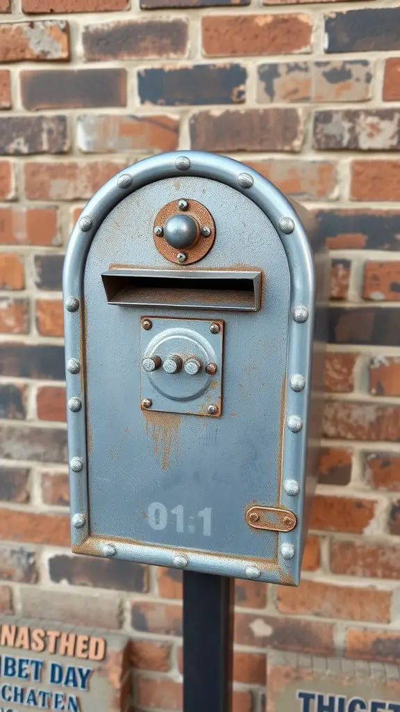 A vintage-style industrial chic metal mailbox with rivets and a weathered finish, standing against a brick wall.