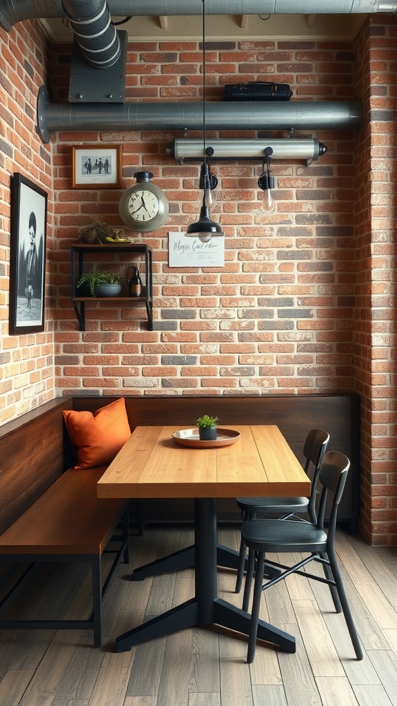 17 Cozy Dining Nook Ideas for Your Home 10 A cozy dining nook with exposed brick walls, a wooden table, black chairs, and orange cushions.