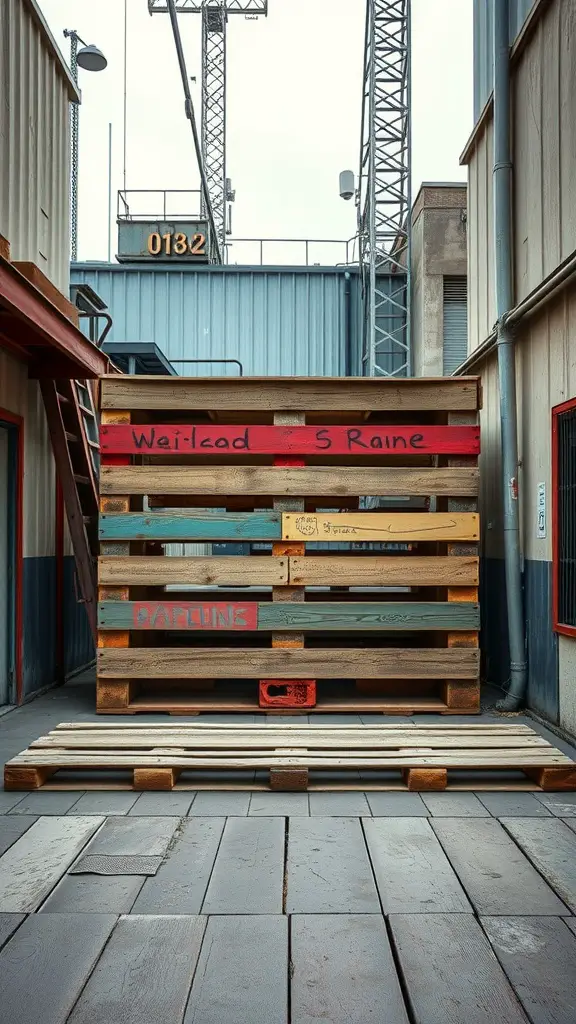 A wooden pallet backdrop in an industrial setting, featuring painted colors and a rustic vibe.
