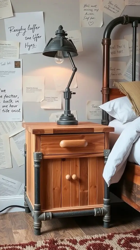 19 Creative Nightstand Ideas to Elevate Your Bedroom Decor 2 A wooden nightstand with metal pipes, featuring a lamp and storage drawers, set against a wall with papers.