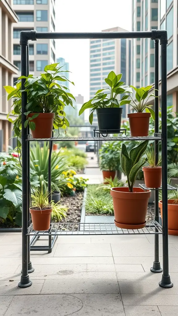 An industrial pipe plant rack displaying various potted plants in an outdoor setting.
