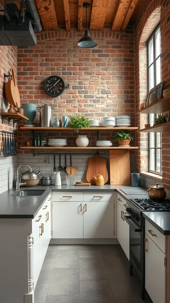 23 Stunning Modern Kitchen Ideas You Need to See 8 Modern kitchen with industrial style featuring exposed brick walls and open shelving.