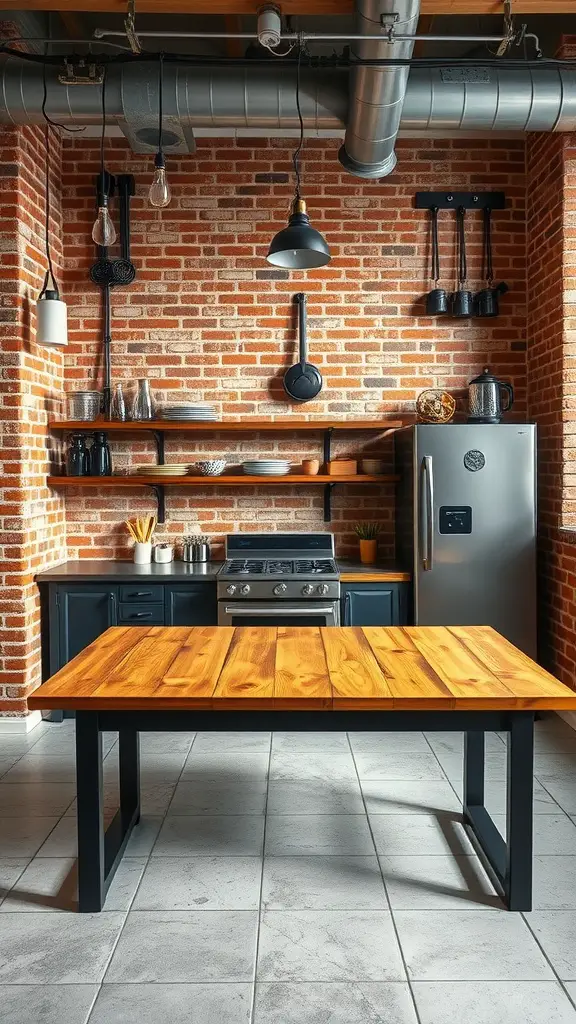 An industrial-style kitchen featuring exposed brick walls, a large wooden table, metal accents, and modern appliances.