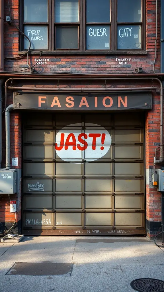 An industrial style garage door featuring a muted color palette and quirky graphics.