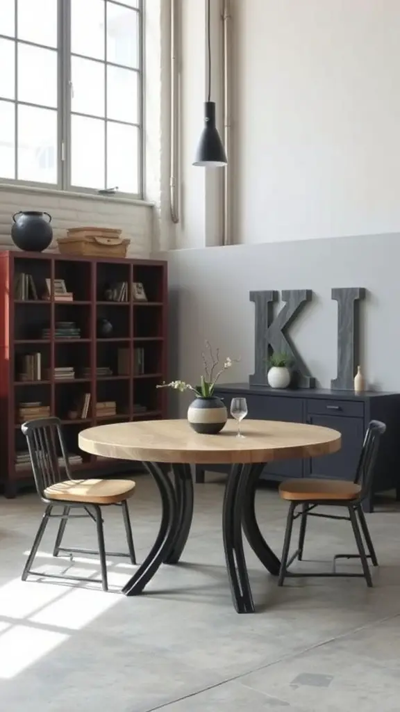 23 Creative Round Dining Table Ideas for Your Home 11 A round wooden dining table with black metal legs, surrounded by minimalist chairs in an industrial-style room.