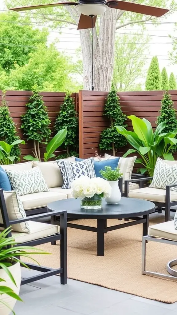 19 Stunning Backyard Oasis Ideas on a Budget 6 A cozy outdoor patio with comfortable seating, decorative cushions, and surrounded by greenery.
