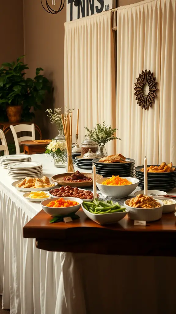 21 Affordable and Creative Backyard Wedding Ideas 2 A table set up for potluck catering, featuring various dishes, fruits, and appetizers in an inviting arrangement.