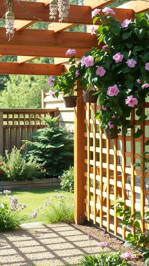 A beautiful backyard featuring a wooden lattice panel, hanging flowers, and lush greenery.