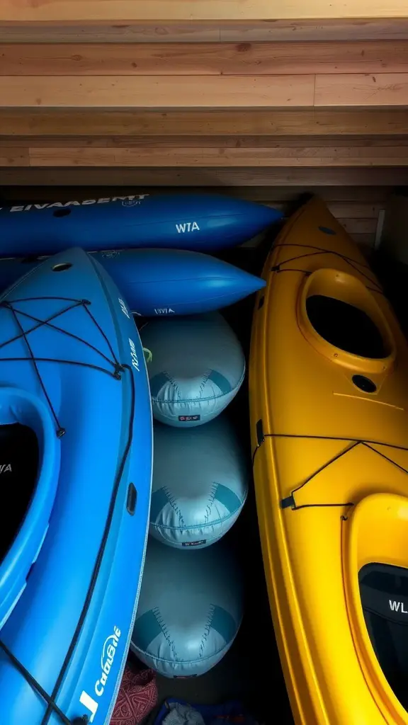 25 Creative Kayak Storage Ideas for Small Spaces 15 Storage area with stacked inflatable kayaks and soft cushions