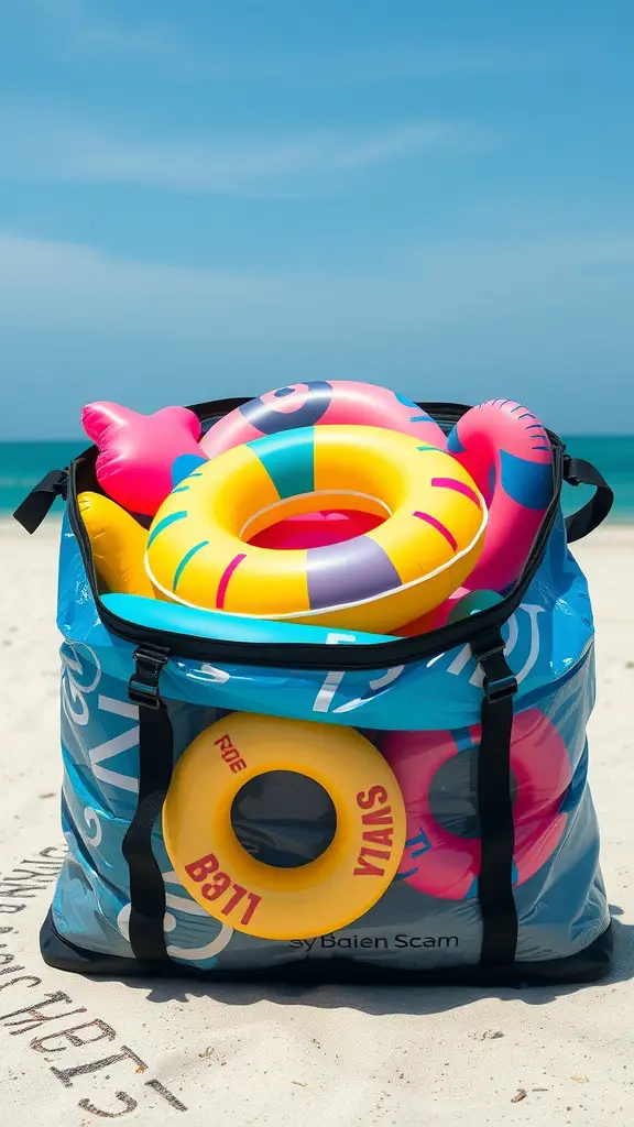 19 Creative Pool Float Storage Ideas You'll Love 10 A blue inflatable bag filled with colorful pool floats on a sandy beach.