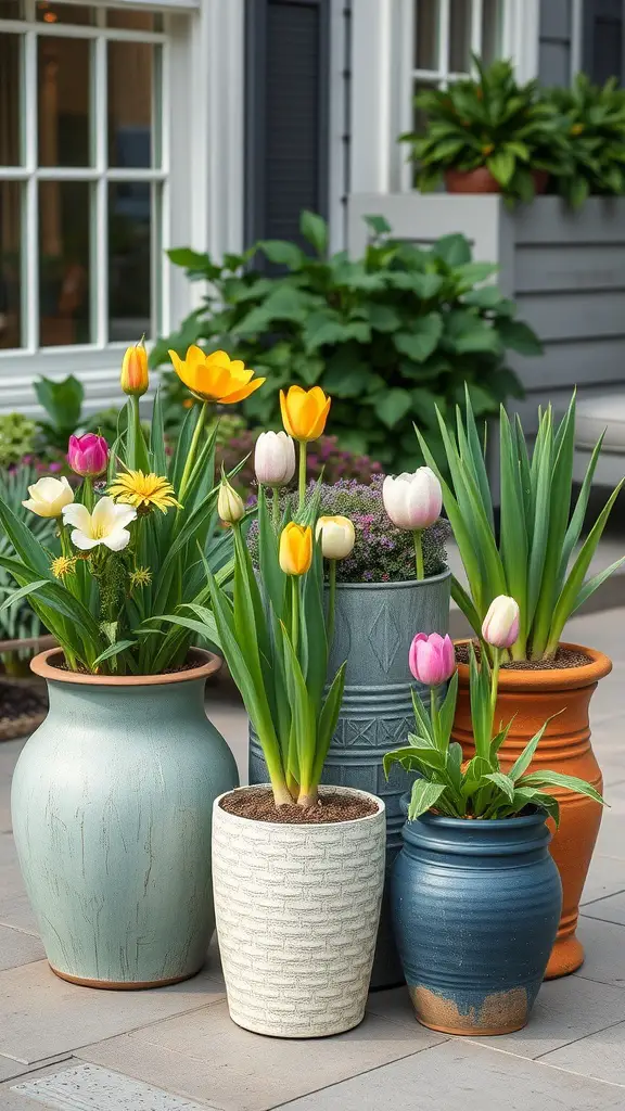 19 Stunning Floral Garden Ideas Featuring Beautiful Bulbs 9 Colorful pots with tulips and other flowers arranged in a garden setting.