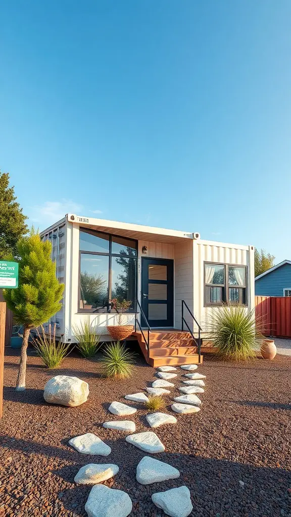 23 Innovative Storage Container Homes You Need to See 5 A modern container home with large windows and a wooden deck surrounded by greenery and a stone pathway.