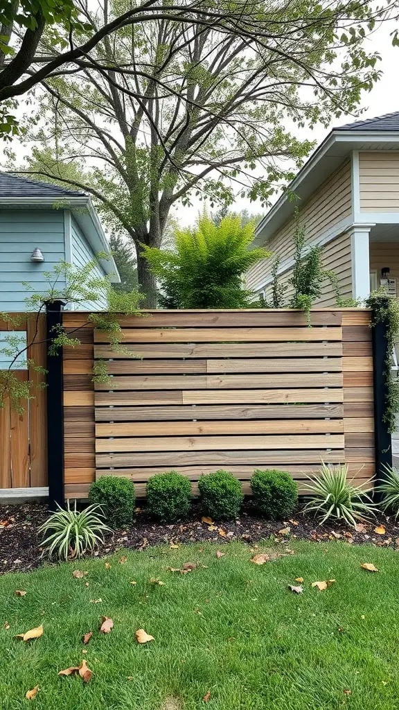 17 Stunning Modern Front Yard Landscape Designs You Need to See 17 Modern wooden fence with horizontal planks surrounded by greenery.