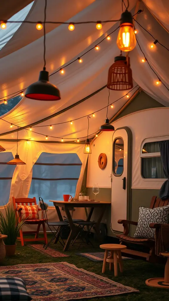 Cozy camper interior with warm lighting options, showcasing string lights and pendant lamps.