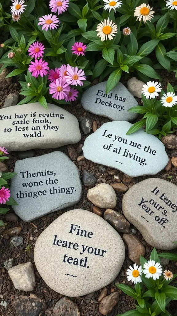 23 Creative Garden Rock Art Ideas to Brighten Your Outdoor Space 6 A collection of decorative garden stones with playful quotes, surrounded by colorful flowers.