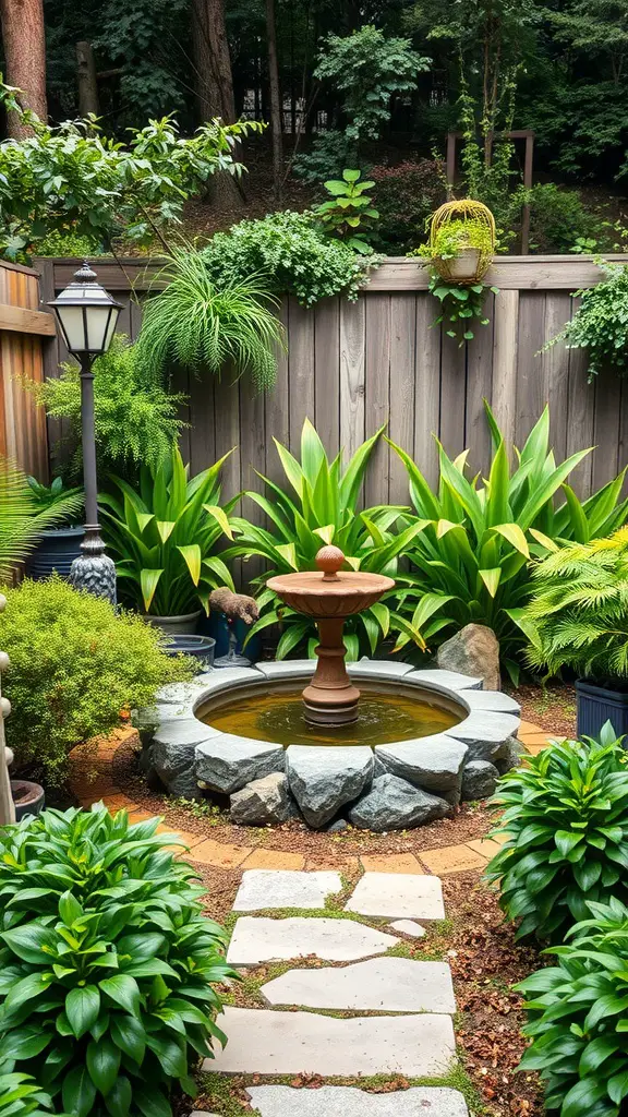 13 Stunning Backyard Makeover Ideas for Your Outdoor Oasis 7 A serene backyard with a stone fountain surrounded by greenery and a pathway.