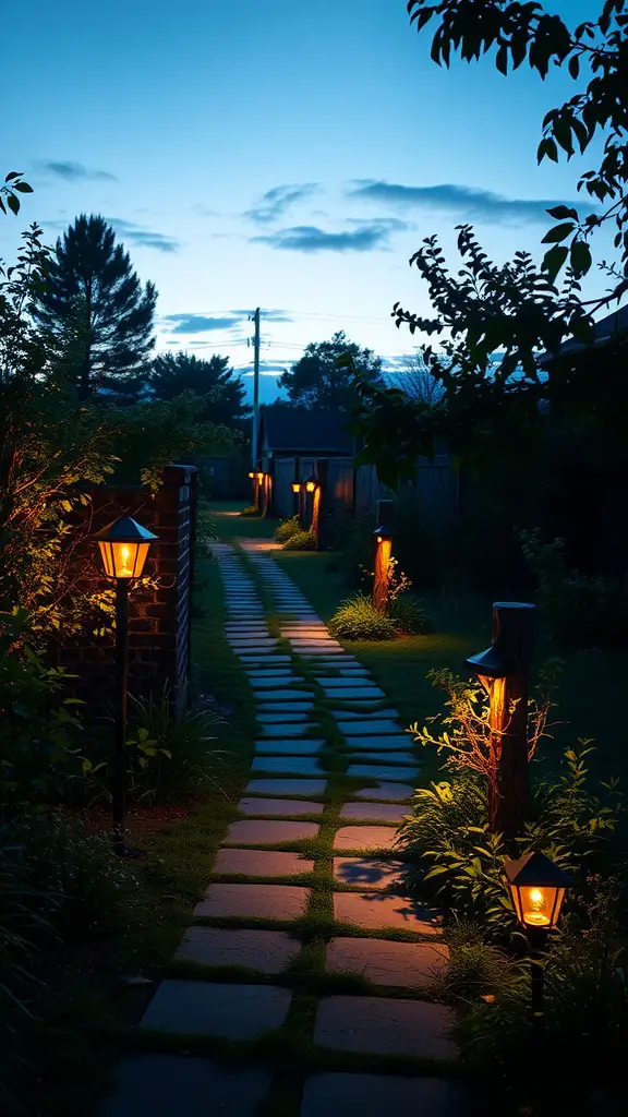 23 Creative DIY Projects to Transform Your Backyard 2 A pathway lined with solar garden lights illuminating the way in the evening.