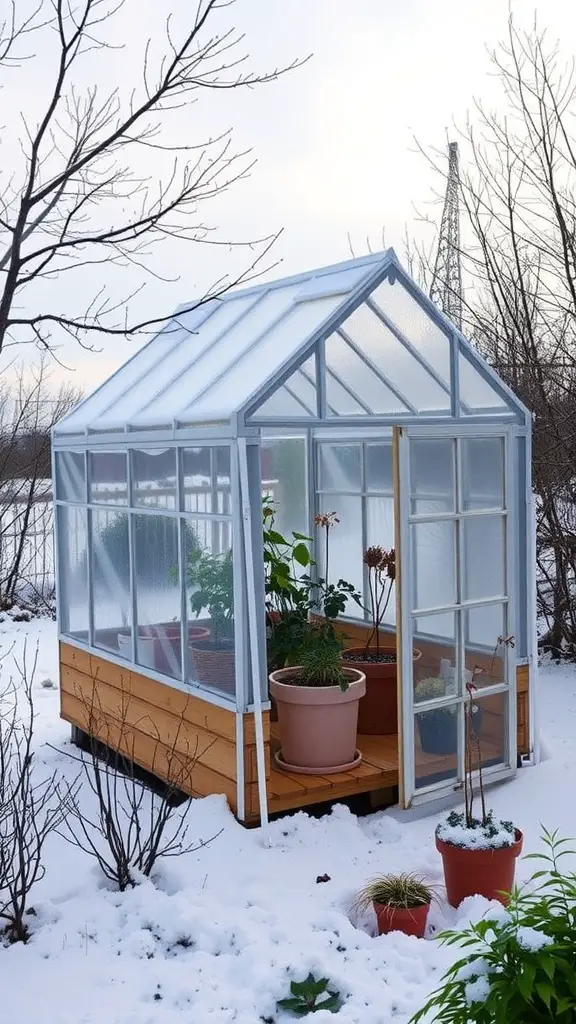 21 Creative Mini Greenhouse Ideas to Maximize Your Gardening Space 13 Insulated mini greenhouse in snowy surroundings with potted plants inside