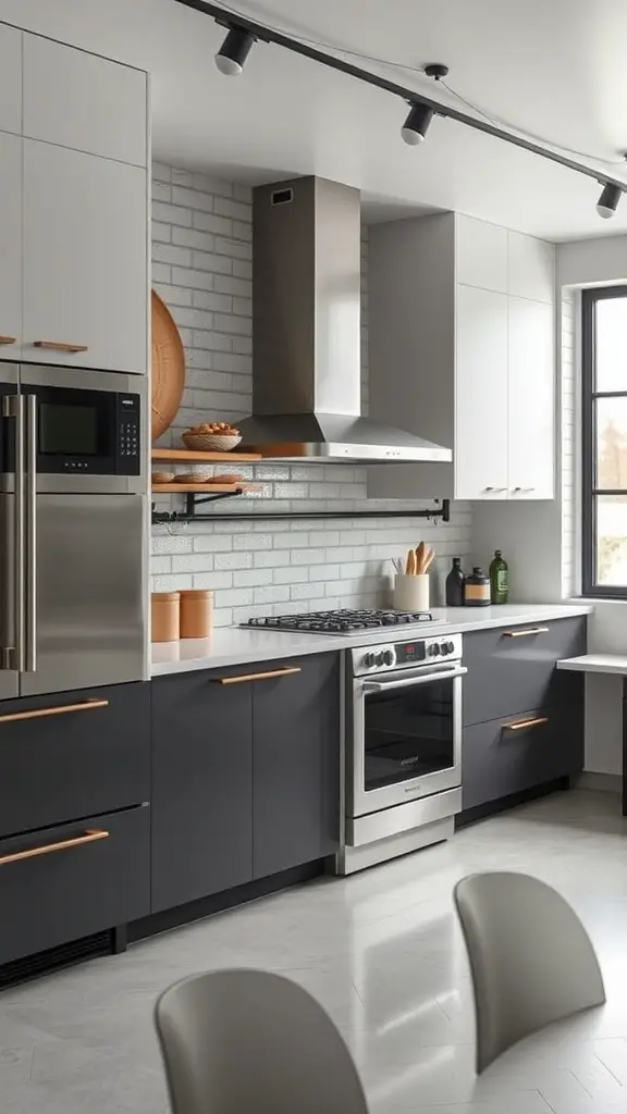 A modern industrial kitchen featuring integrated appliances, dark cabinetry, light countertops, and stylish hardware.