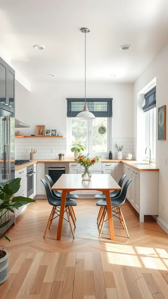 23 Stunning Modern Kitchen Ideas You Need to See 15 A modern kitchen featuring an integrated dining space with a wooden table and chairs, bright natural light, and a cozy atmosphere.