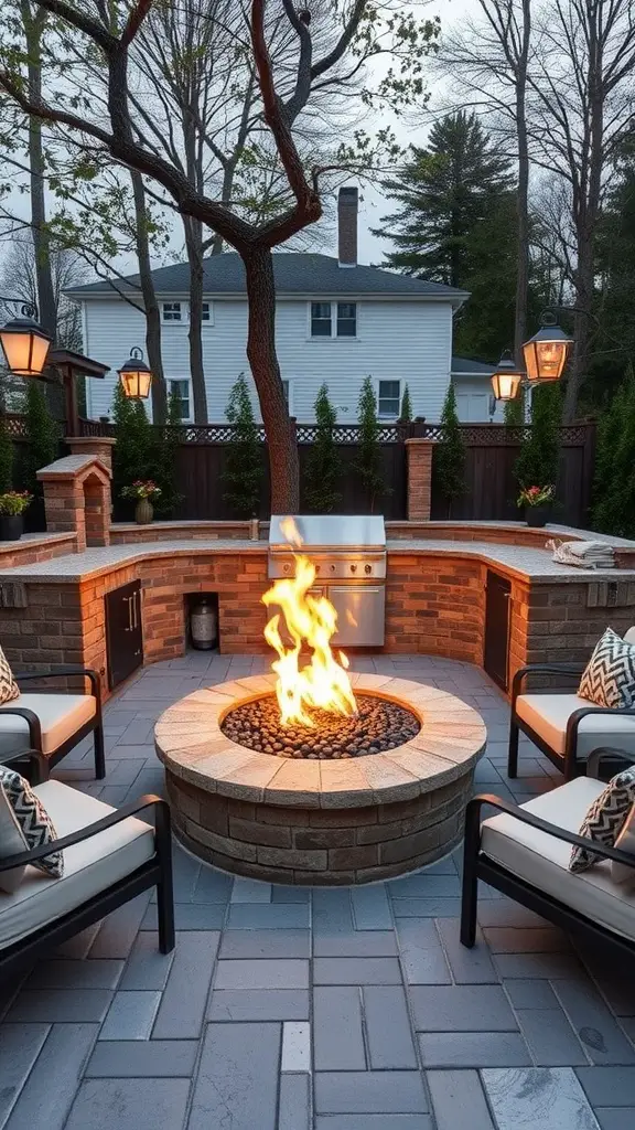 25 Stunning Outdoor Kitchen Patio Ideas You’ll Love 5 An outdoor kitchen patio featuring an integrated fire pit surrounded by comfortable seating and lanterns.
