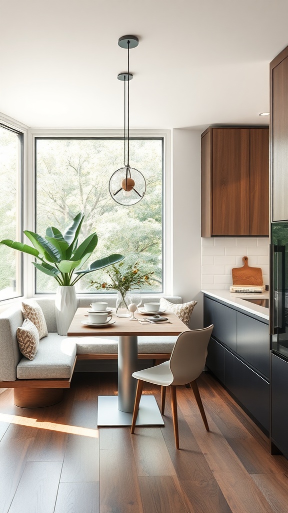 17 Cozy Dining Nook Ideas for Your Home 12 A modern integrated kitchen nook with a cozy seating area, natural light, and stylish decor