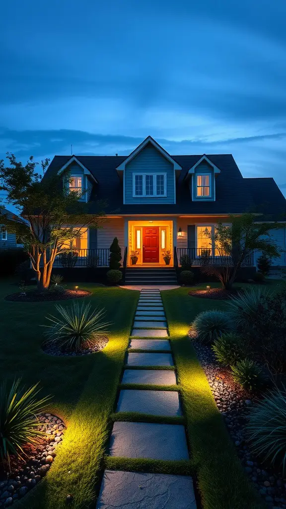 17 Stunning Modern Front Yard Landscape Designs You Need to See 6 A front yard with a well-lit pathway leading to a welcoming home, showcasing integrated outdoor lighting.