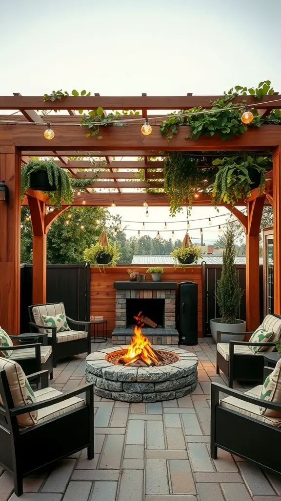 15 Stunning Fire Pit Landscaping Ideas for Your Outdoor Space 16 A cozy outdoor space featuring a fire pit surrounded by a pergola, comfortable seating, and decorative plants.