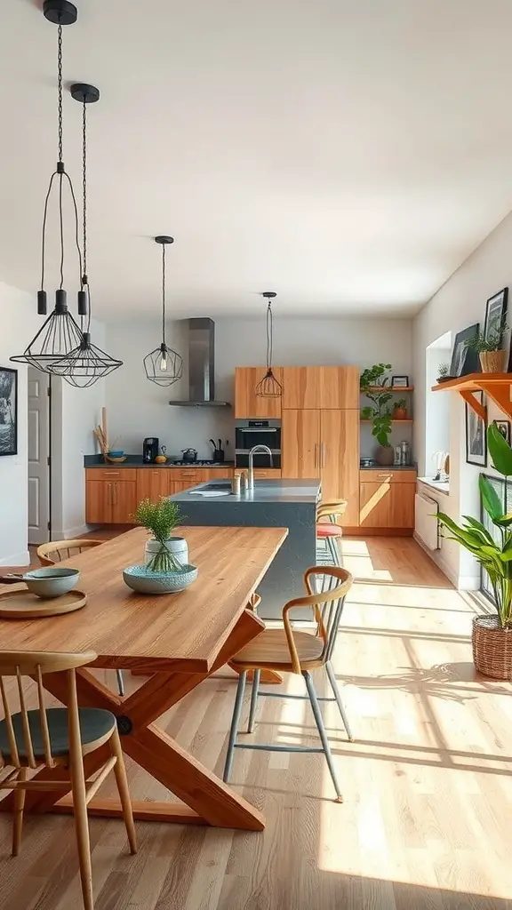 23 Stunning Open Kitchen Ideas for a Modern Home 2 An open kitchen with a wooden dining table, modern cabinets, and natural light.